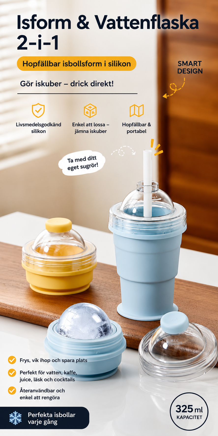 Hopfällbar 2-i-1 Isbollsform och Dricksmugg i Silikon – Perfekt för Kaffe, Juice och Kalla Drycker