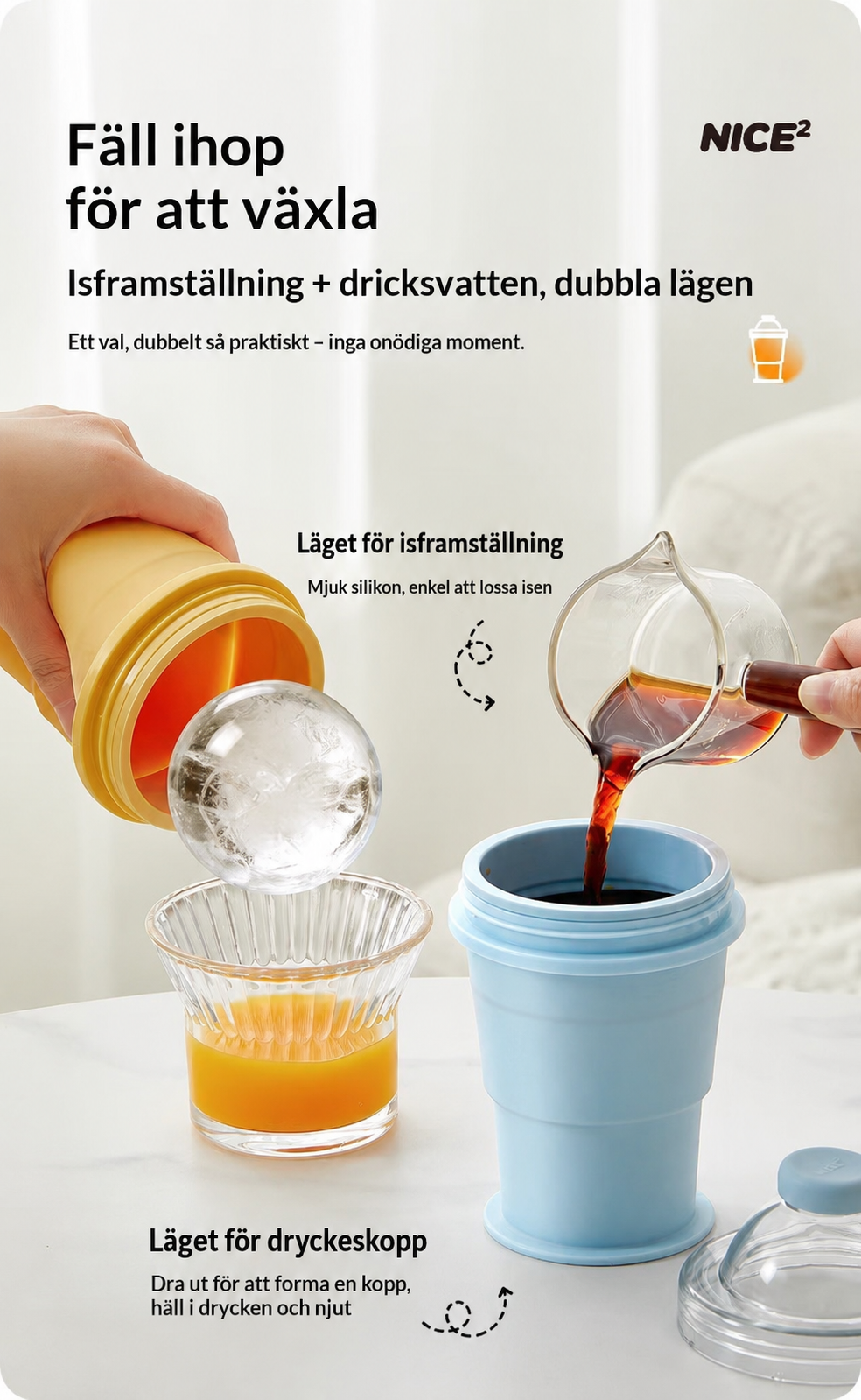 Hopfällbar 2-i-1 Isbollsform och Dricksmugg i Silikon – Perfekt för Kaffe, Juice och Kalla Drycker