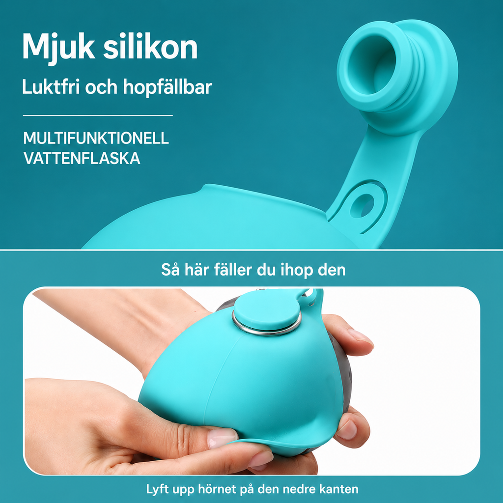 Vattenflaska med integrerad vattenskål i silikon samt karbinhake – Perfekt för Friluftsliv, Vandring och Resor