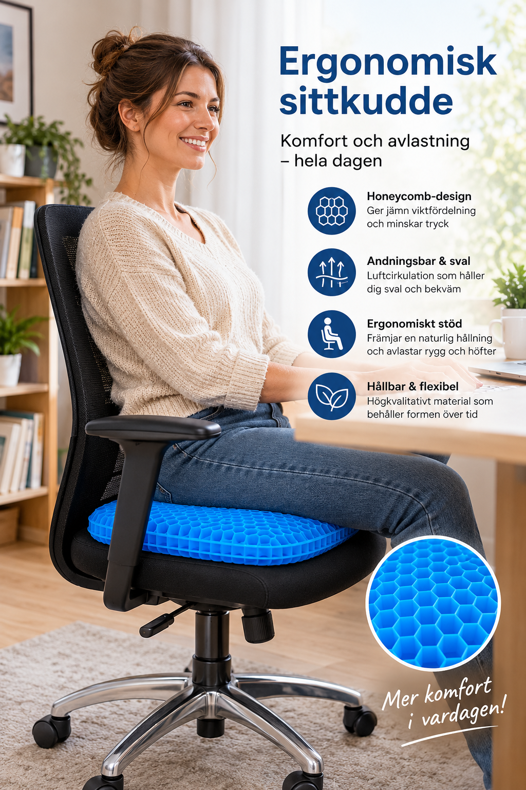 Ergonomisk gelkudde för stol – Ventilerande bikaksmönster- Tryckavlastande sittdyna för rygg och svanskota- För hem, kontor och bil