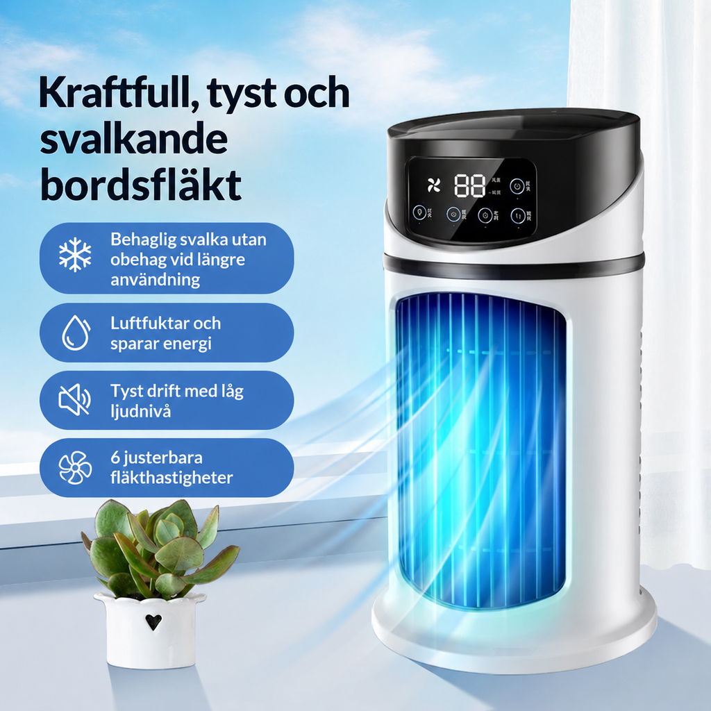 Portabel bordsfläkt - 6 olika hastighetsnivåer - Tillsätt vatten eller is för snabbare kyla