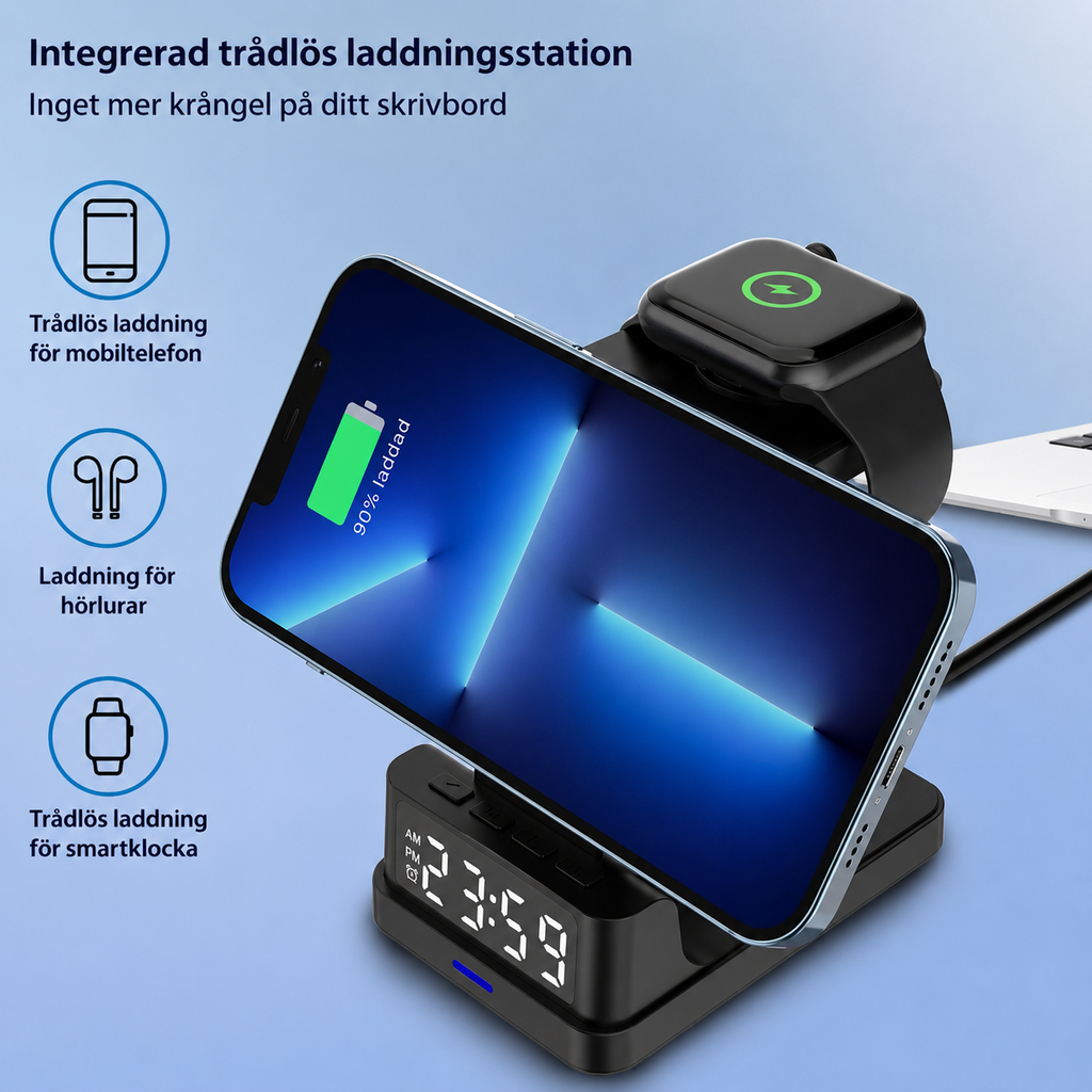 Magnetisk 3-i-1 trådlös laddarstation - Ladda mobiltelefon, smartklocka och airpods samtidigt - Inbyggd digital klocka