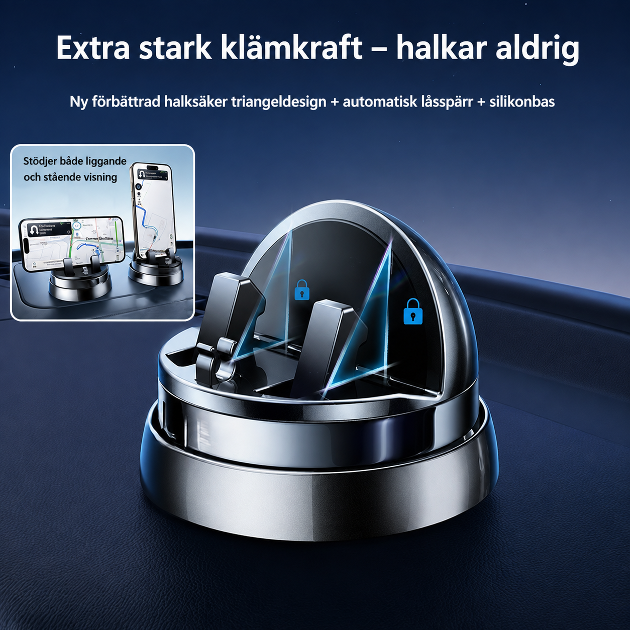 Universal mobilhållare för bil – Svart hållare för instrumentbräda för smartphone och GPS - 360° rotation