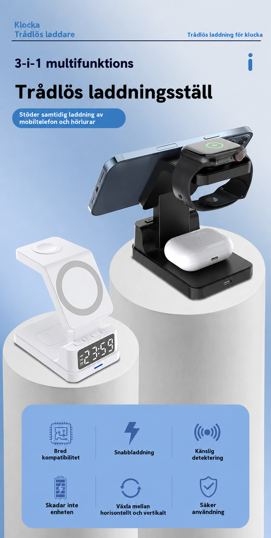Magnetisk 3-i-1 trådlös laddarstation - Ladda mobiltelefon, smartklocka och airpods samtidigt - Inbyggd digital klocka