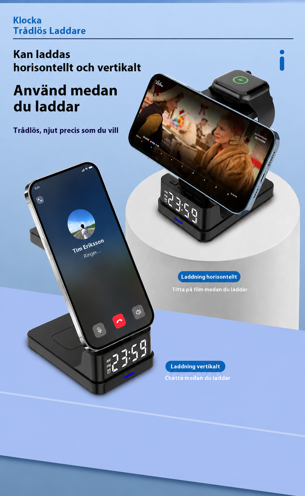 Magnetisk 3-i-1 trådlös laddarstation - Ladda mobiltelefon, smartklocka och airpods samtidigt - Inbyggd digital klocka