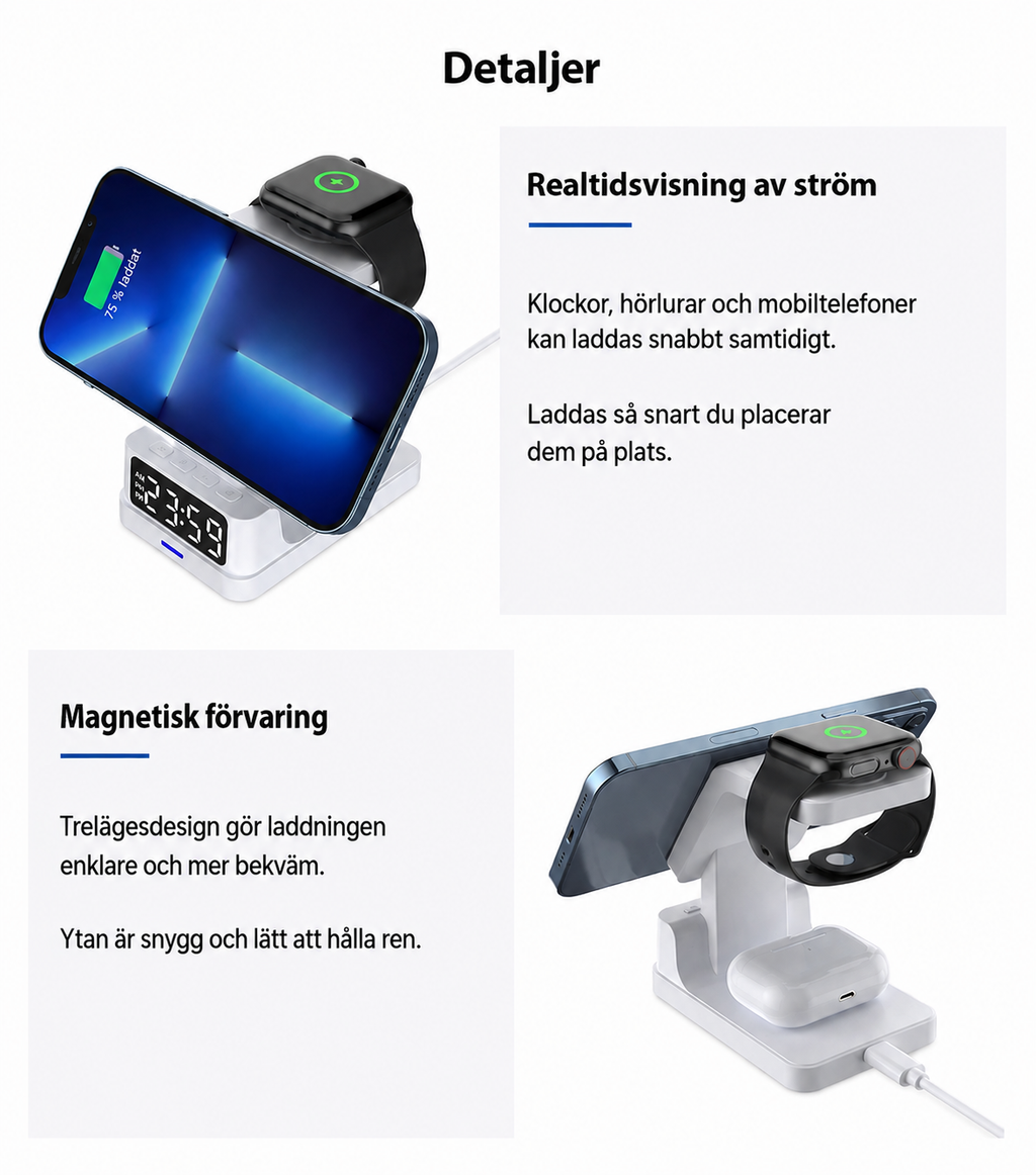 Magnetisk 3-i-1 trådlös laddarstation - Ladda mobiltelefon, smartklocka och airpods samtidigt - Inbyggd digital klocka